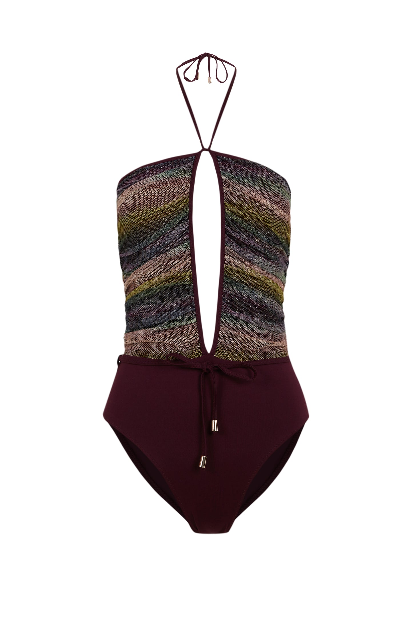 Vita - Wine-colored swimsuit with gradient glitter mesh and adjustable belt