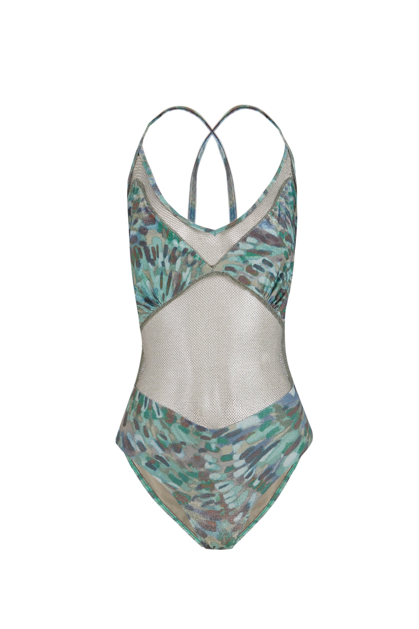 Bañador estampado verde con escote pico y red a contraste