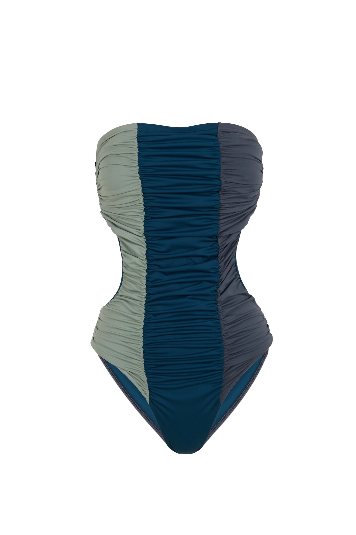 Onda - Strapless Swimsuit in Aqua Green and Grey with Draping and Side Openings