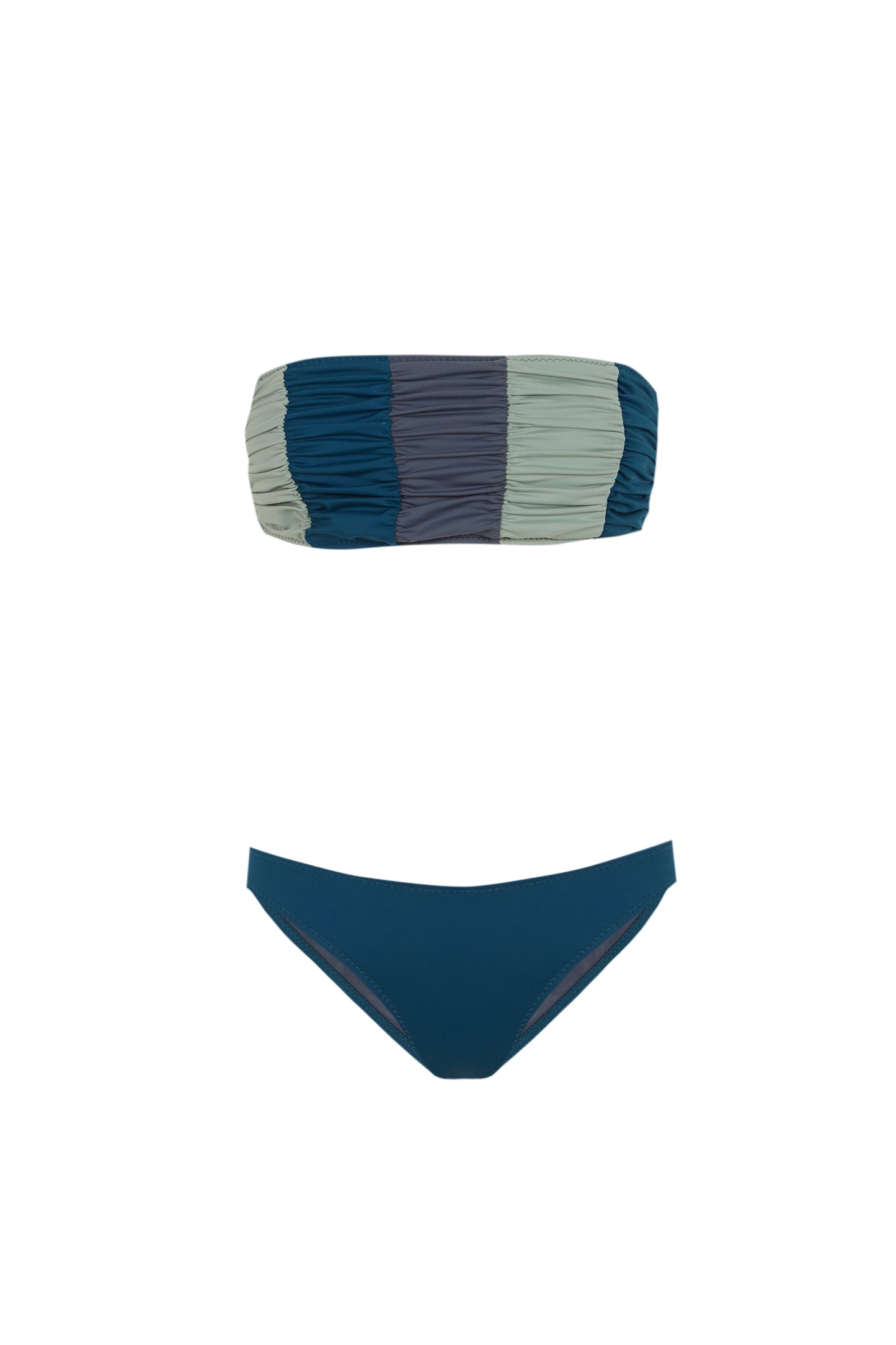 Vento - Tricolor Draped Bandeau Bikini in Green and Gray