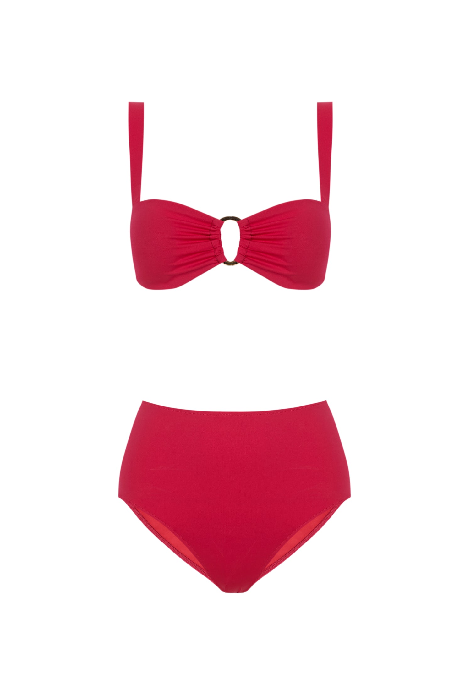 Passione - Bikini Fucsia Bandeau con Fornitura Dorada y Braguita de Tiro Alto