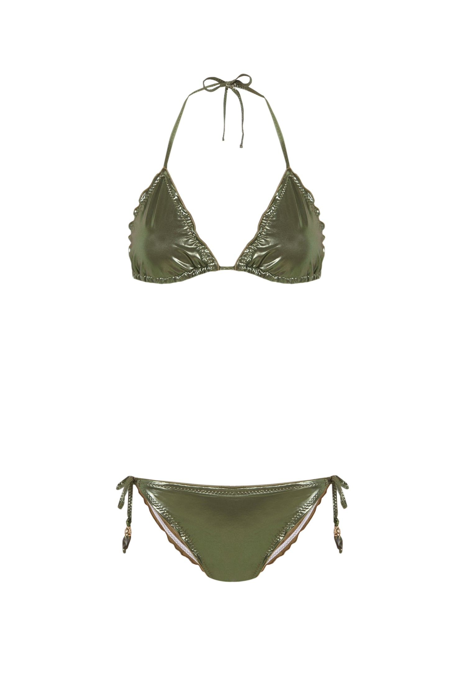Bikini triángulo verde metálico con lazadas regulables