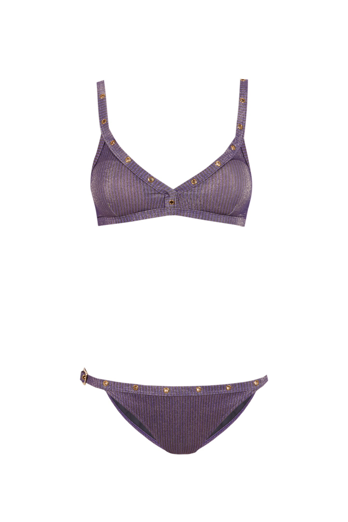 Bella - Bikini Violeta Triángulo con Ojales Dorados y Cierre de Broche