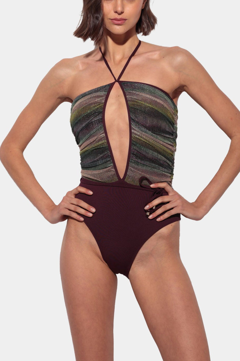 Vita - Wine-colored swimsuit with gradient glitter mesh and adjustable belt
