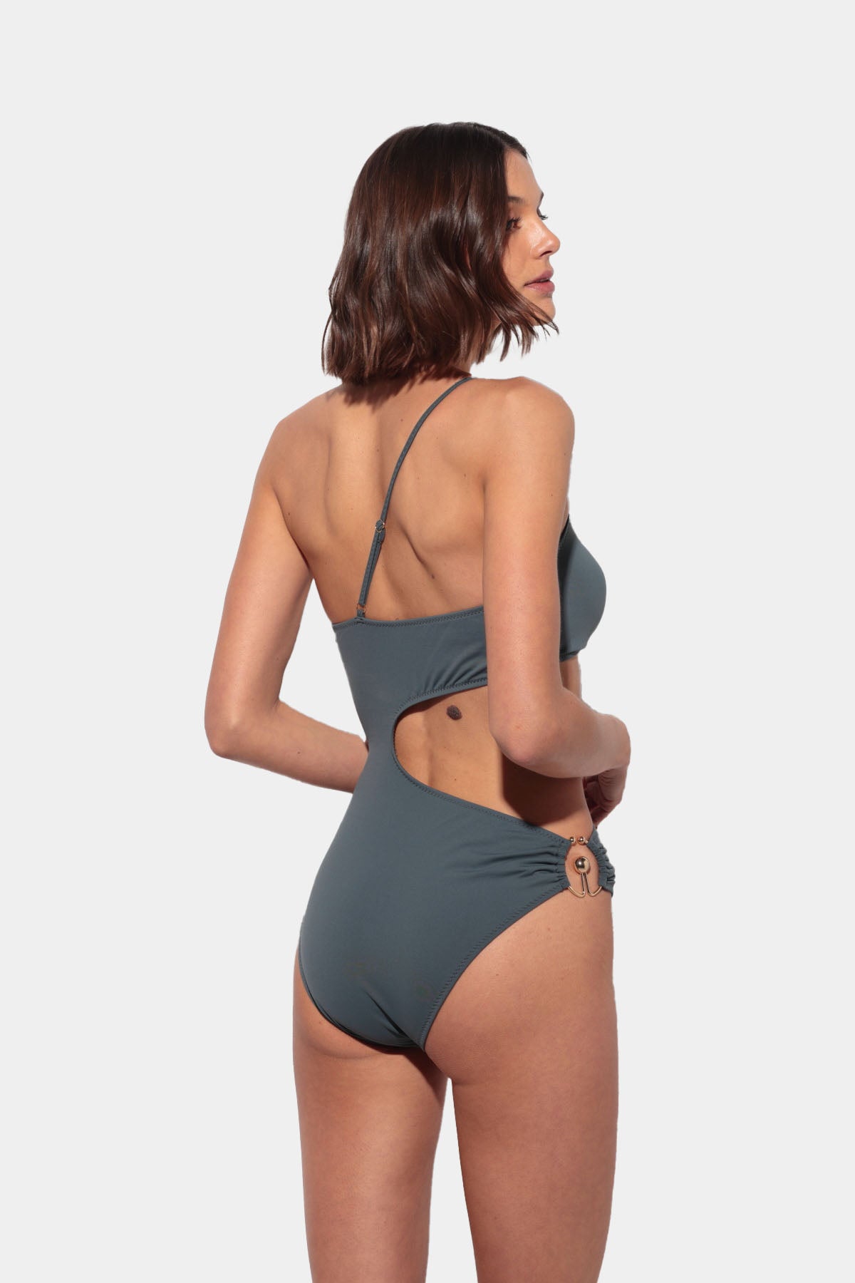Gioia - Asymmetrical Grey Swimsuit with Jeweled Embellishments