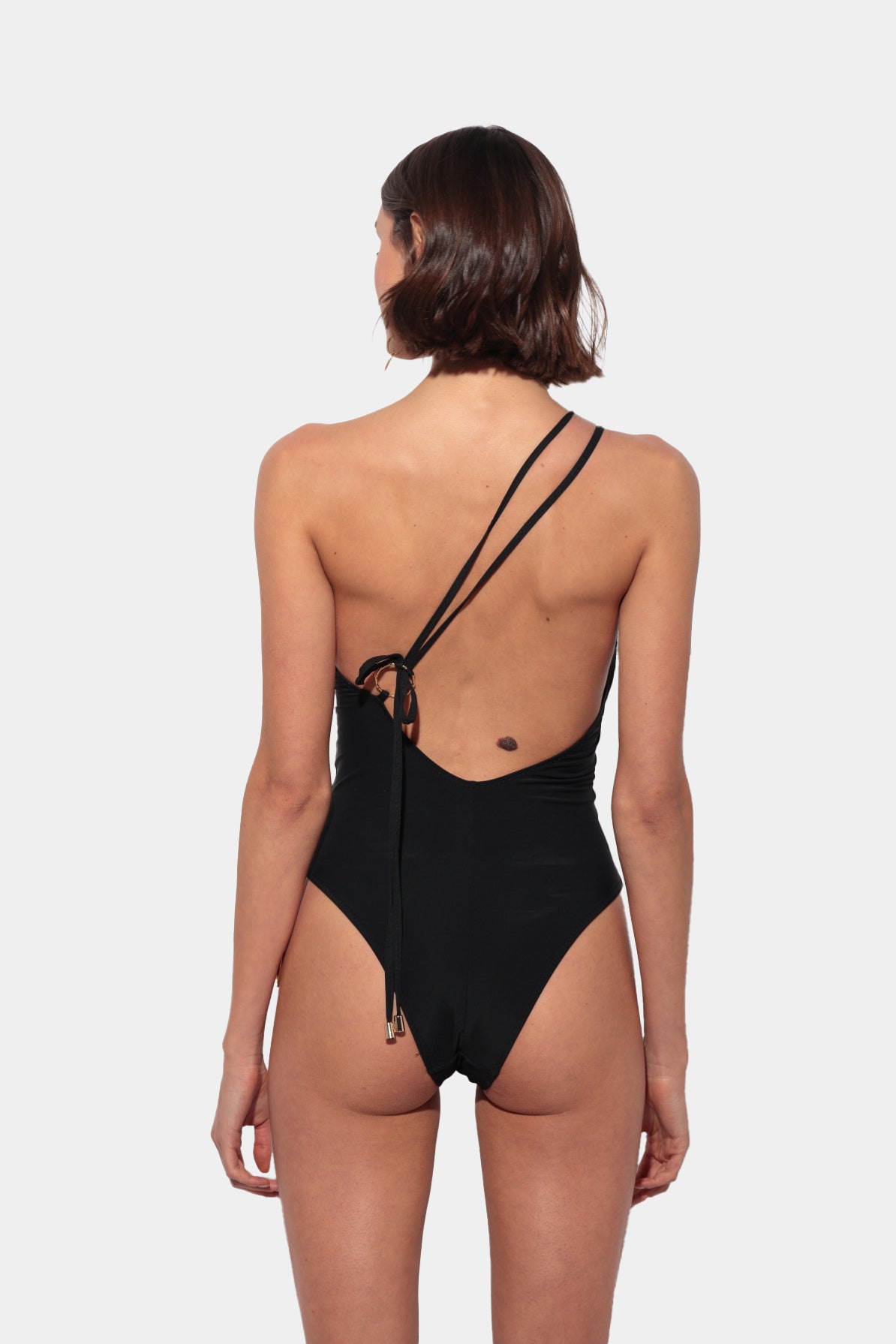 Liberta - Black Asymmetric Swimsuit with Gold Ring and Adjustable Strap