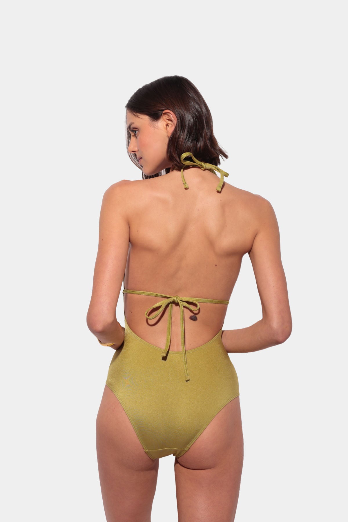 Green swimsuit with triangle neckline
