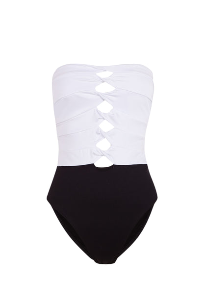 Bañador palabra de honor twist en blanco y negro strapless