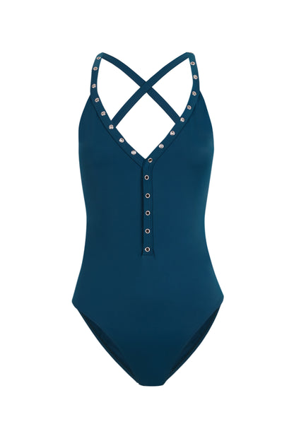 Mare - Bañador Verde Azulado con Escote Camisero y Tirantes Cruzados - Guillermina Baeza