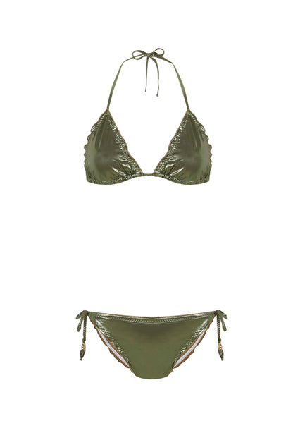 Bikini triángulo verde metálico con lazadas regulables