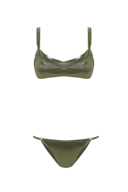 Bikini verde metálico con escote pico y tirantes regulables