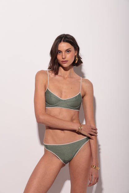 Bikini de aro en tejido verde lúrex con vivos blancos