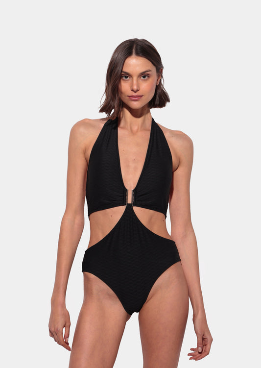 Spirito - Trikini Negro Cuello Halter con Fornitura Central y Espalda Descubierta