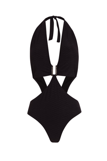 Trikini negro cuello halter con fornitura central y espalda descubierta