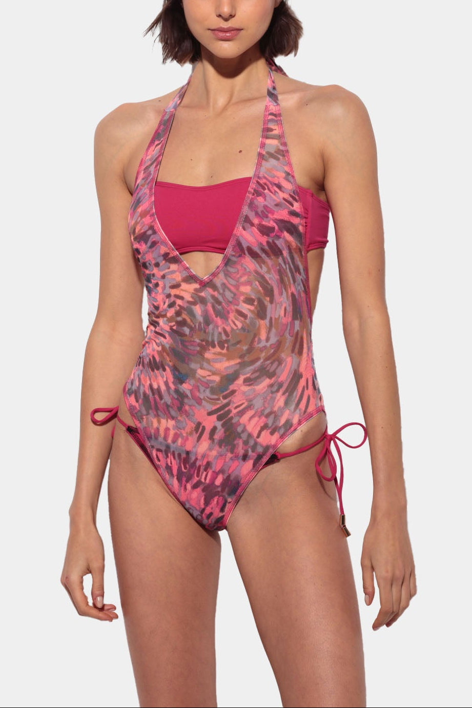 Fiore - Fuchsia 2-in-1 Swimsuit with Printed Mesh Bodysuit