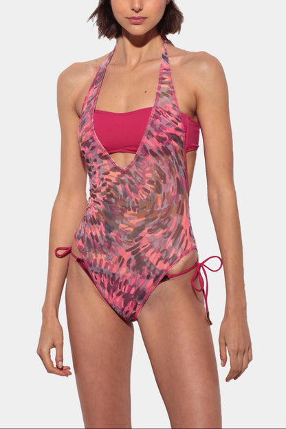Fiore - Fuchsia 2-in-1 Swimsuit with Printed Mesh Bodysuit