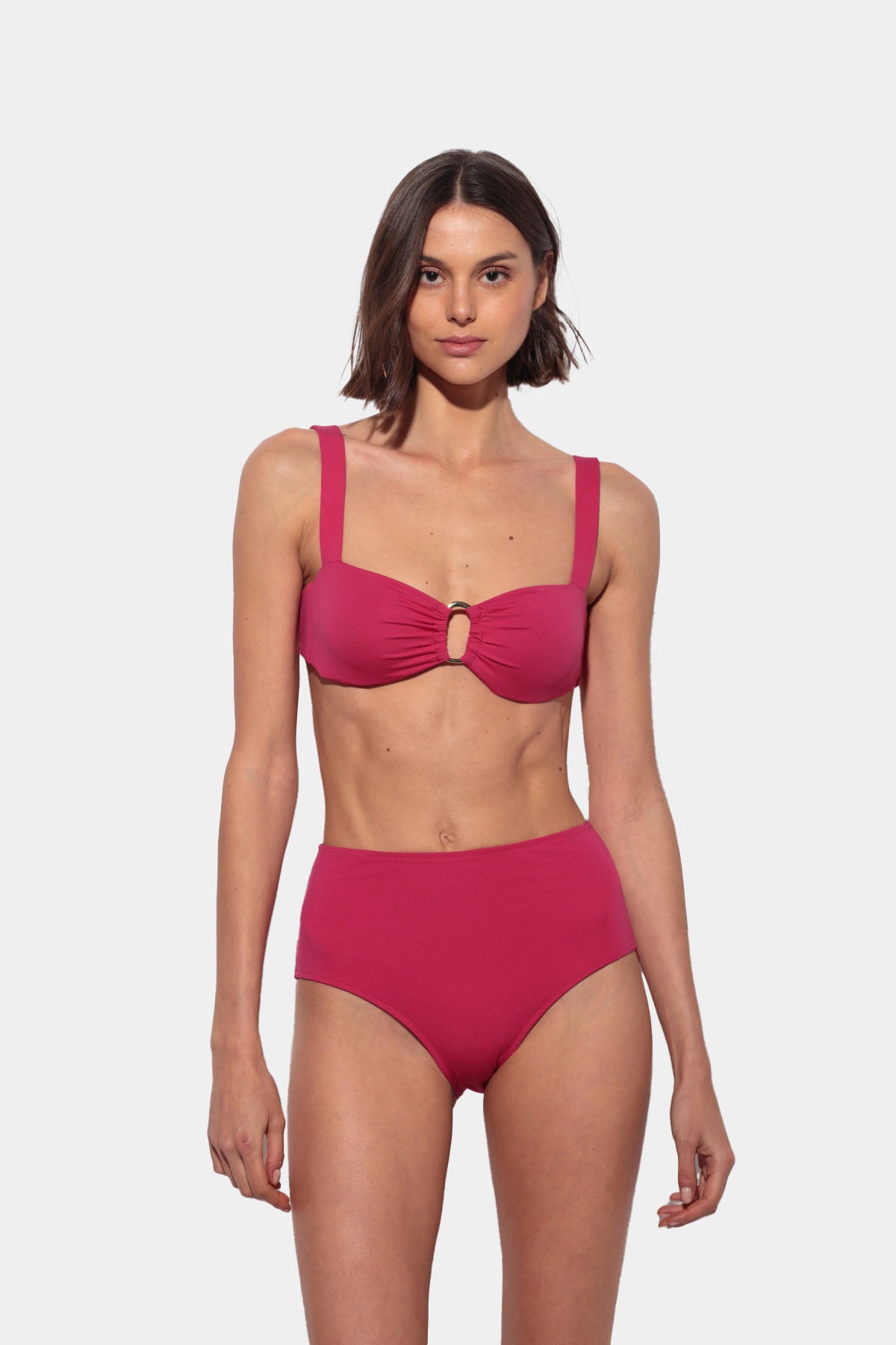Passione - Fuchsia Bandeau Bikini with Gold Hardware and High-Waisted Panties