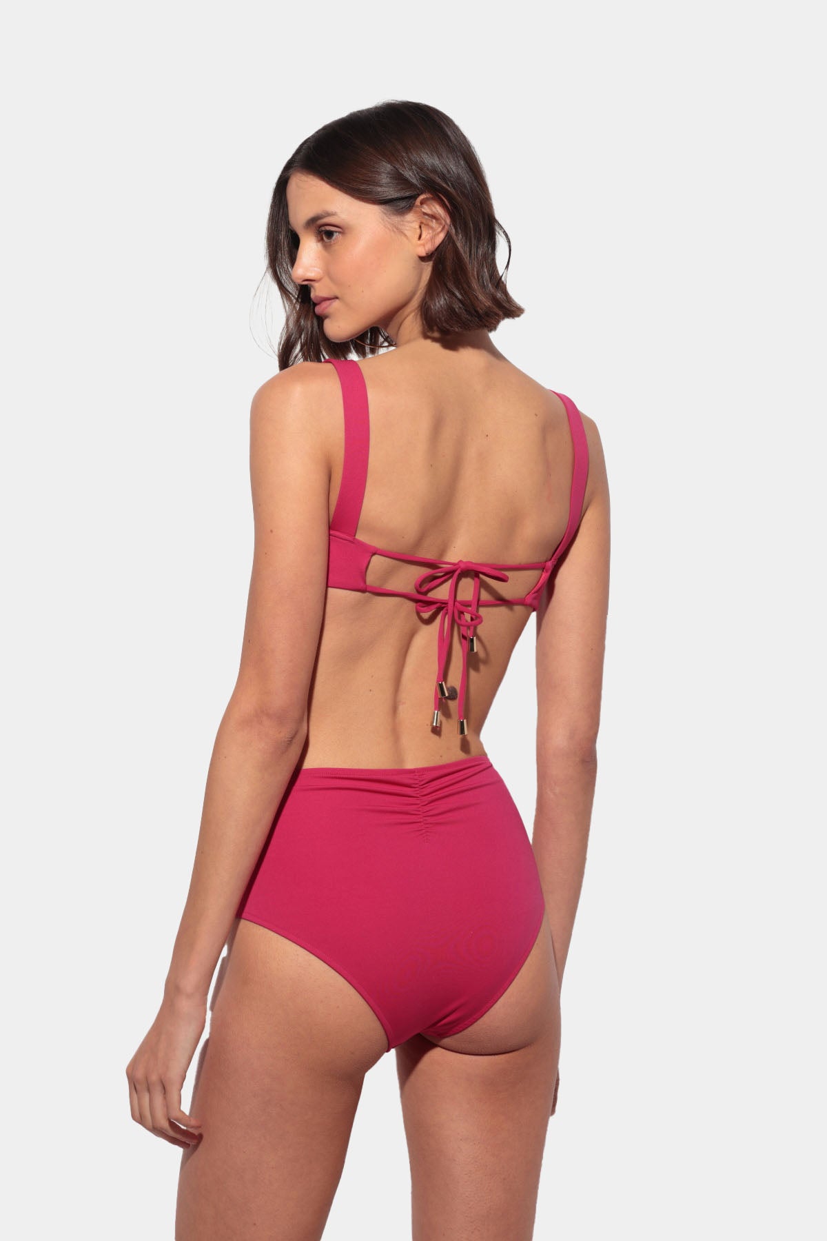Passione - Fuchsia Bandeau Bikini with Gold Hardware and High-Waisted Panties