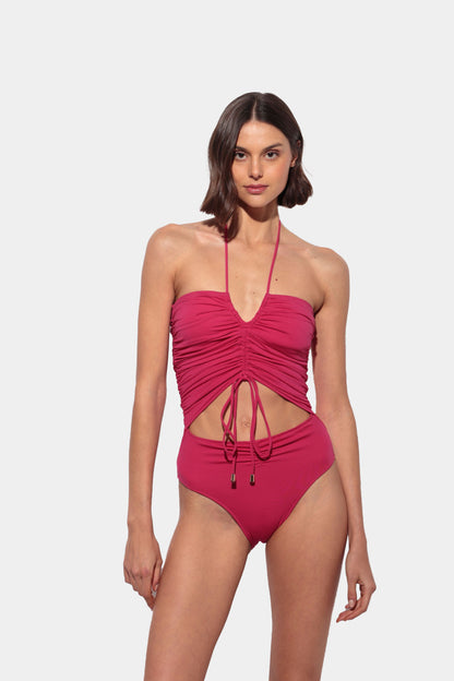 Amore - Fuchsia Swimsuit with Adjustable Ruching and Cut-Out Neckline