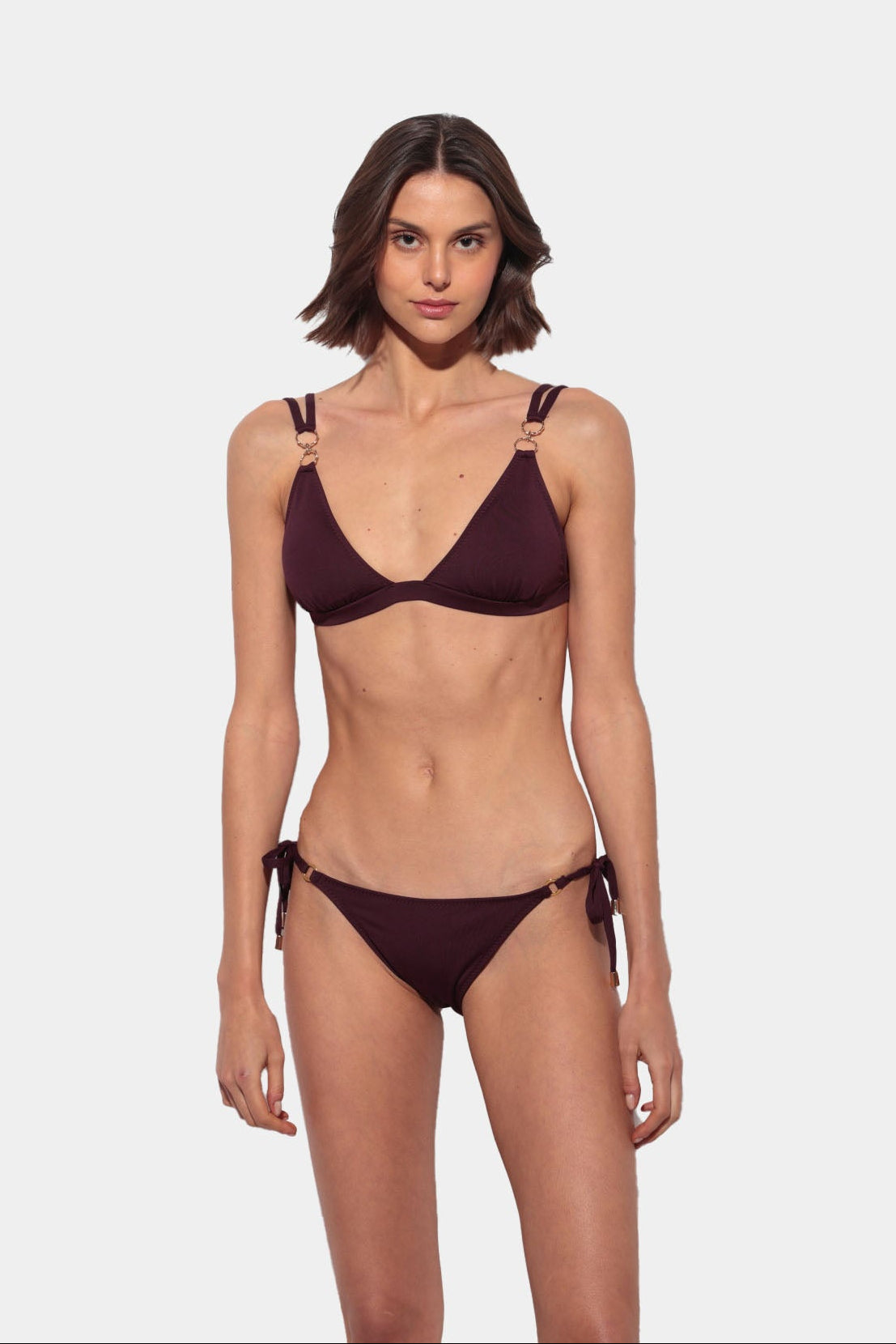 Sabbia - Wine Triangle Bikini with Ruching and Gold Rings