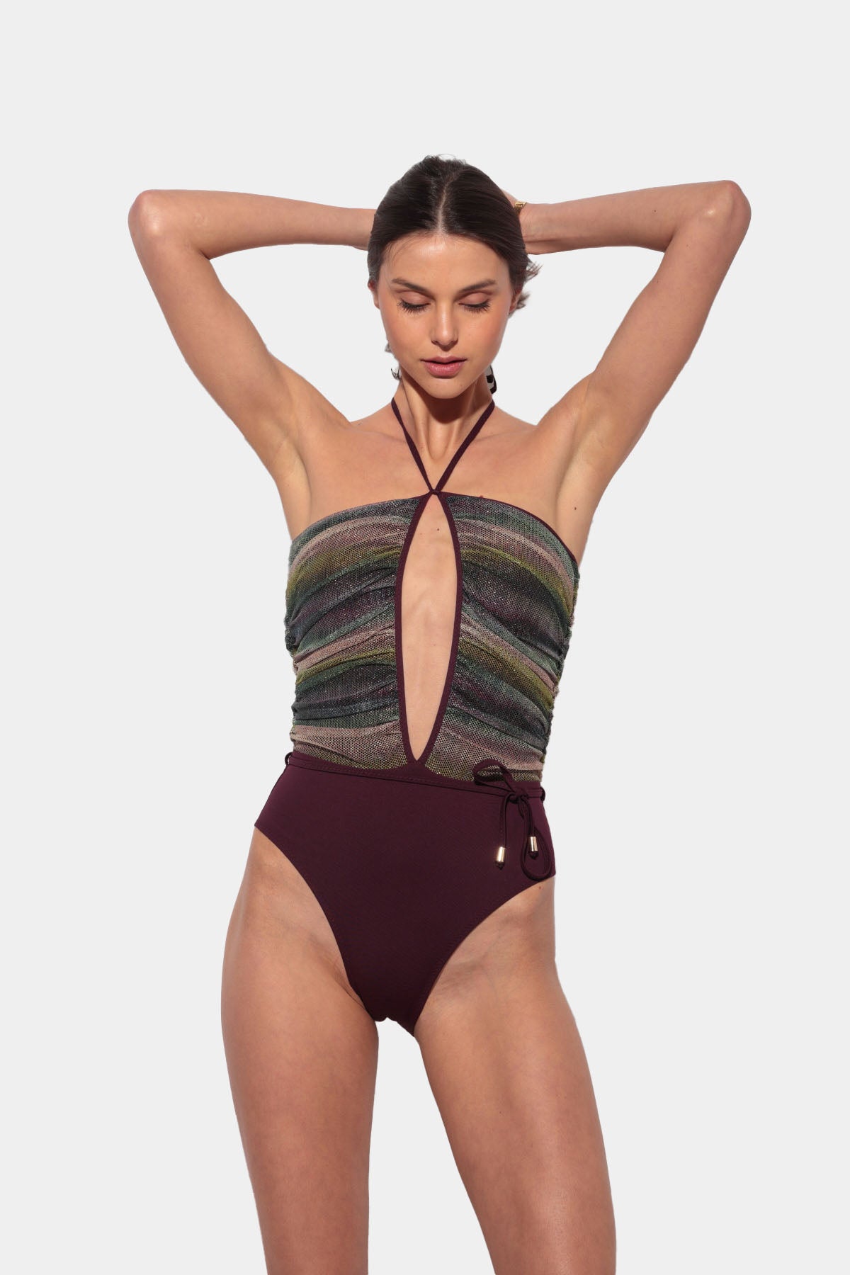 Vita - Wine-colored swimsuit with gradient glitter mesh and adjustable belt