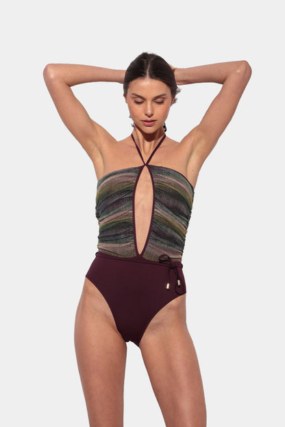 Vita - Wine-colored swimsuit with gradient glitter mesh and adjustable belt