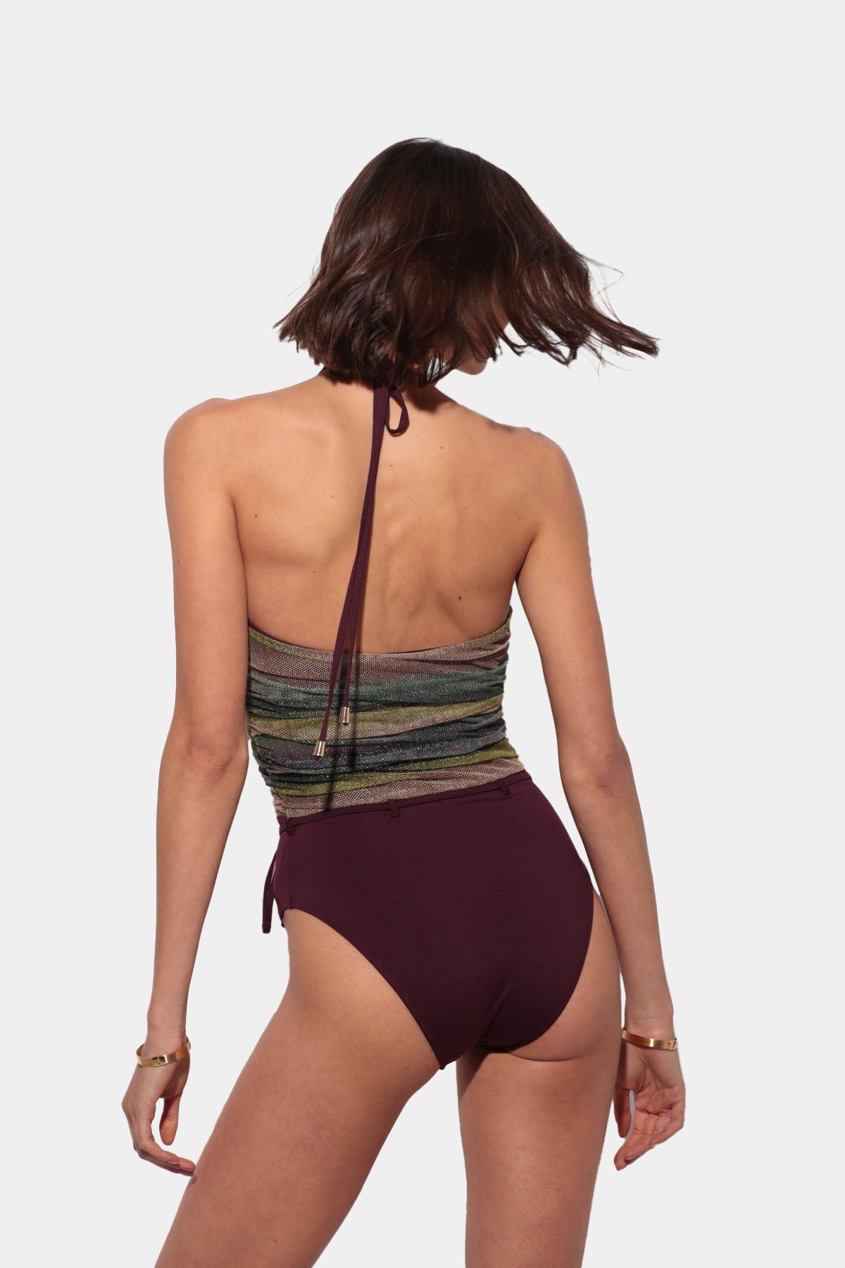 Vita - Wine-colored swimsuit with gradient glitter mesh and adjustable belt