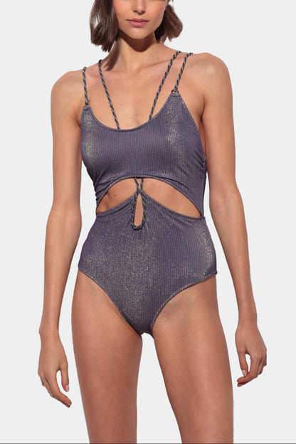 Splendore - Bright Violet Swimsuit with Boat Neckline and Braided Details