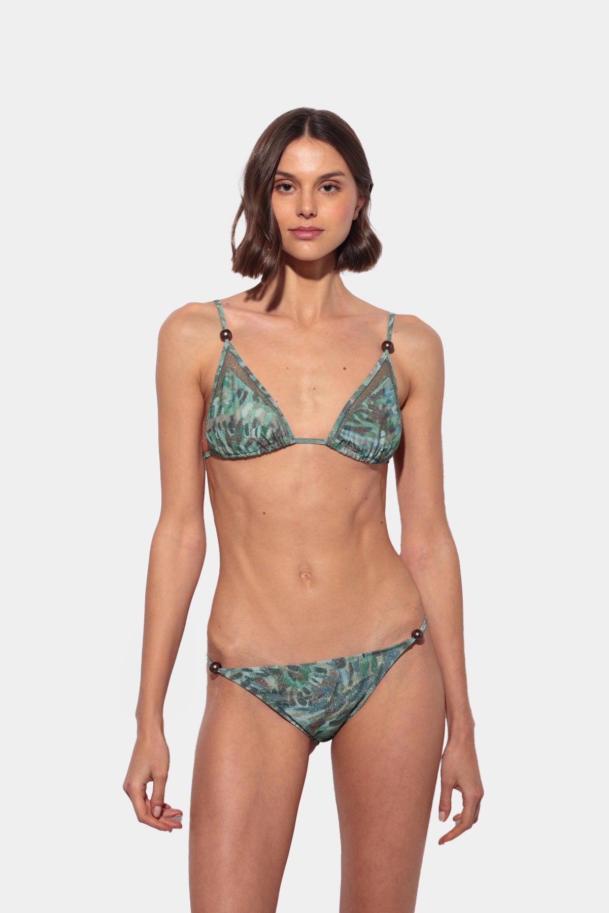 Felicita - Blue Green Triangle Bikini with Curtain Print, Net Detail, and Silver Beads