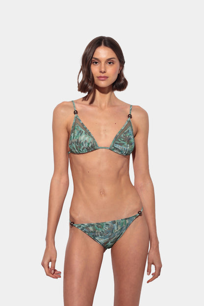 Felicita - Blue Green Triangle Bikini with Curtain Print, Net Detail, and Silver Beads