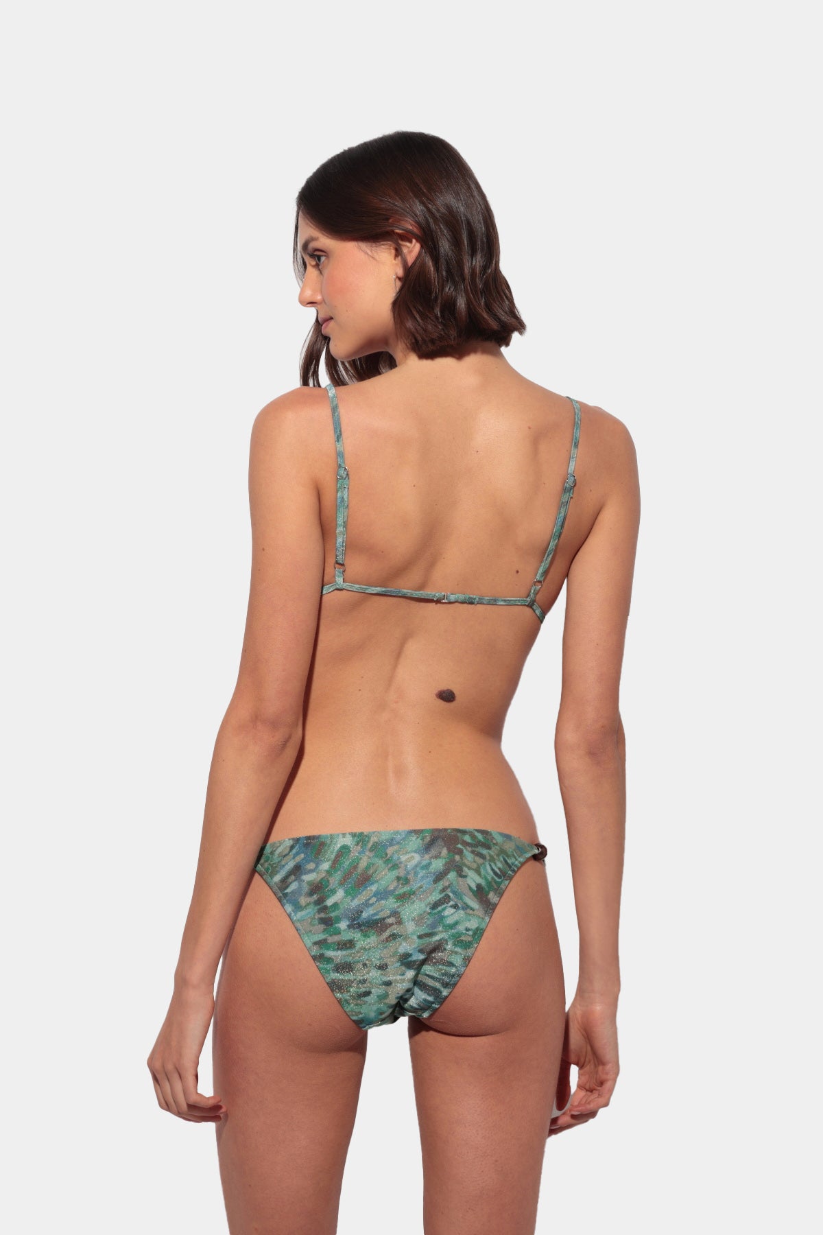 Felicita - Blue Green Triangle Bikini with Curtain Print, Net Detail, and Silver Beads