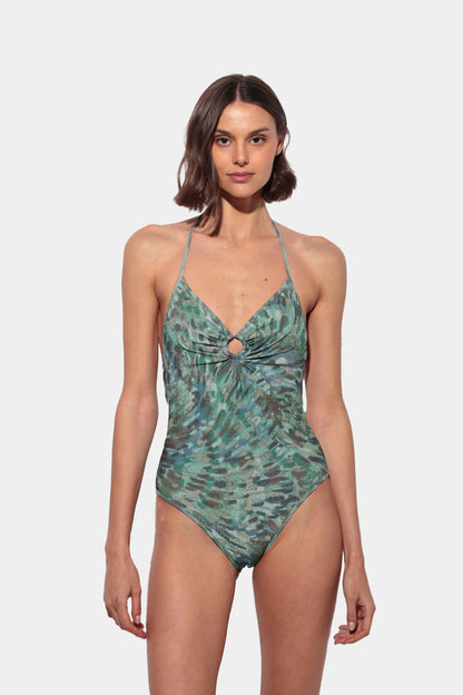 Aqua - Printed swimsuit in turquoise tones - V-neck - Open back