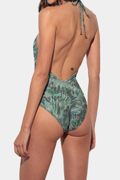 Aqua - Printed swimsuit in turquoise tones - V-neck - Open back