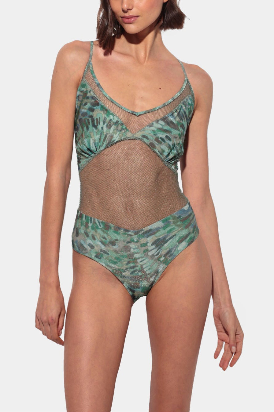 Isola - Green Printed Swimsuit with V-Neck and Contrasting Mesh