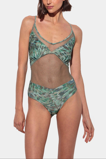 Isola - Green Printed Swimsuit with V-Neck and Contrasting Mesh
