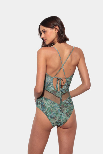 Isola - Green Printed Swimsuit with V-Neck and Contrasting Mesh