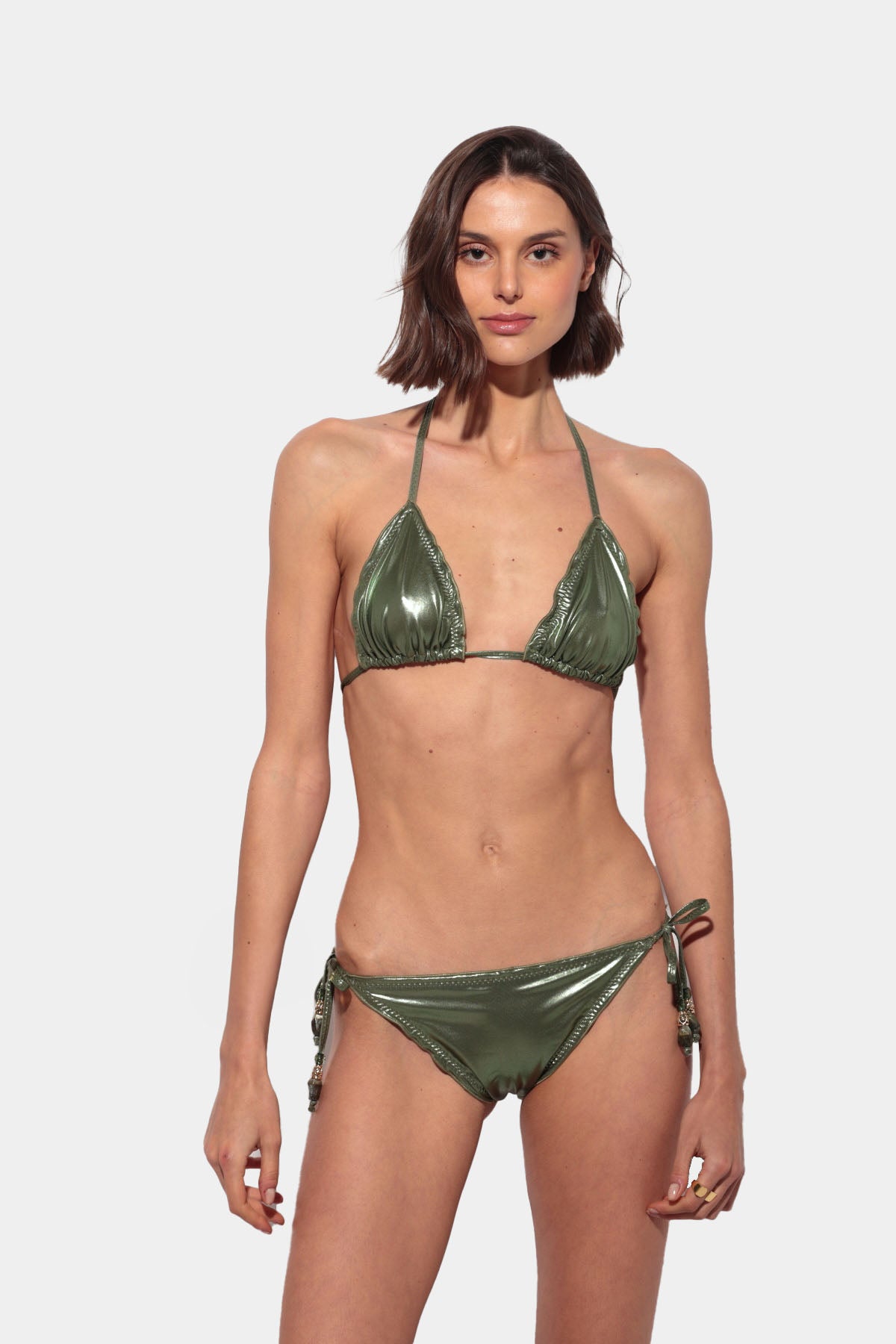 Stella - Metallic Green Triangle Bikini with Adjustable Ties