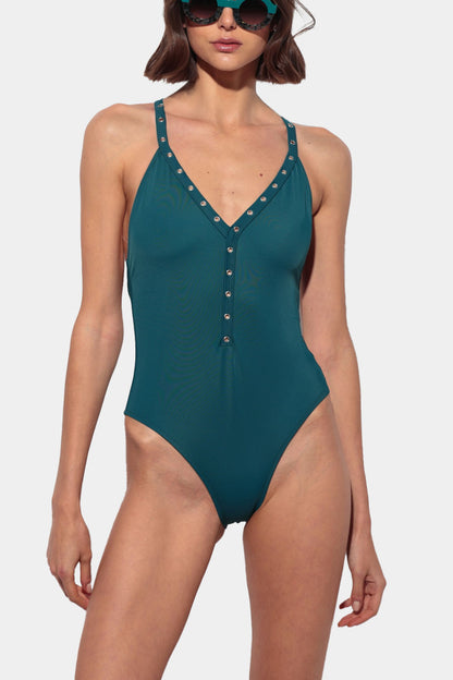 Mare - Teal Swimsuit with Shirt Neckline and Crossed Straps