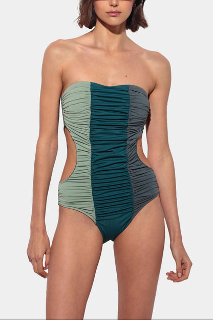 Onda - Strapless Swimsuit in Aqua Green and Grey with Draping and Side Openings