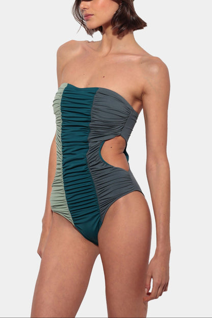 Onda - Strapless Swimsuit in Aqua Green and Grey with Draping and Side Openings