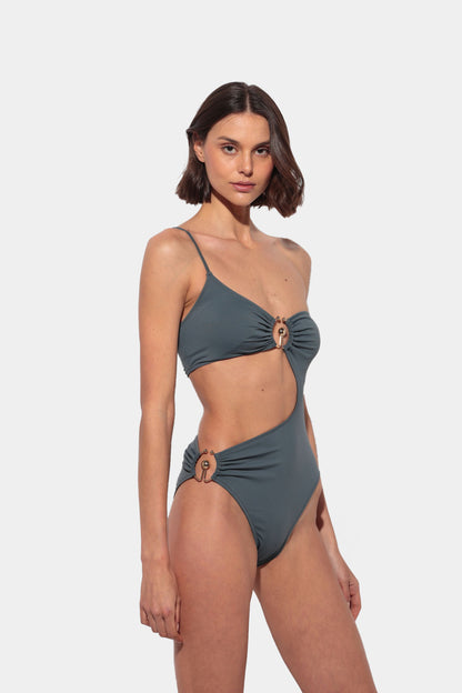 Gioia - Asymmetrical Grey Swimsuit with Jeweled Embellishments