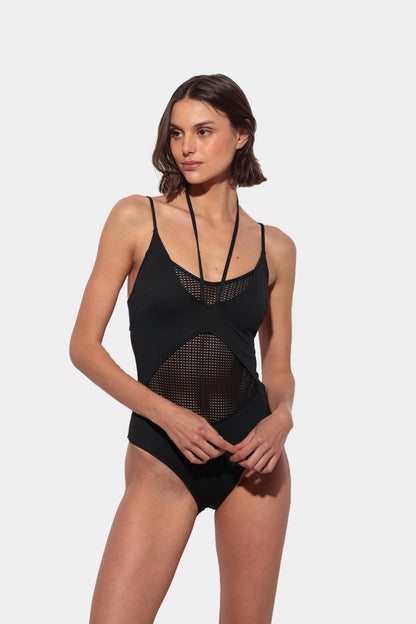Notte - Black Faux Trikini Swimsuit with Mesh and V-Neck