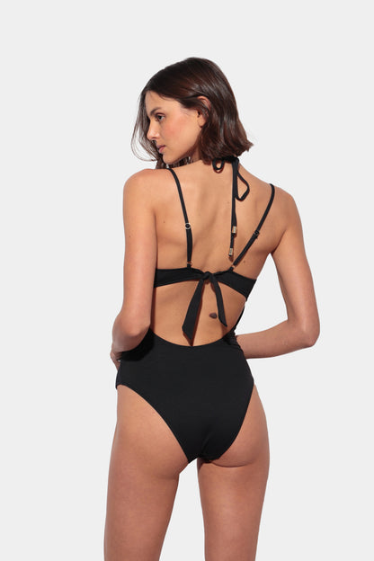 Notte - Black Faux Trikini Swimsuit with Mesh and V-Neck