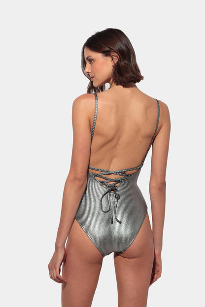 Luna - Silver Metallic Ribbed Swimsuit with V-Neck and Crisscross Back