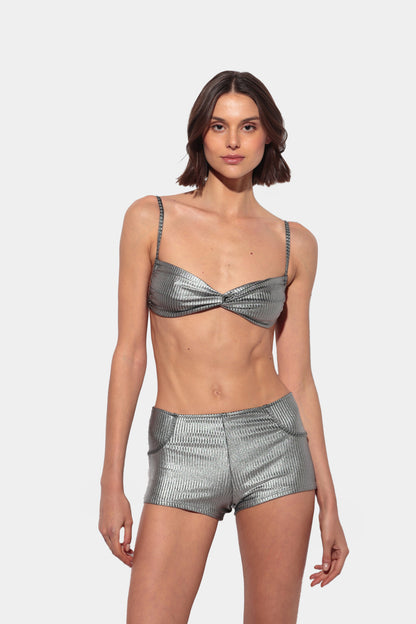 Brillio - Bikini Twist en Canalé Plateado con Bolitas Plata y Braguita Short