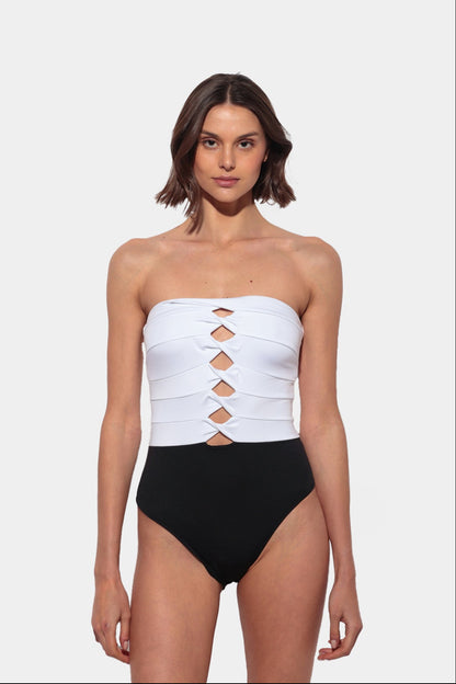 Capri - Twist Strapless Swimsuit in Black and White