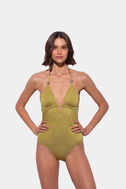 Green swimsuit with triangle neckline