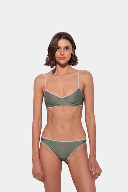 Underwire bikini in green lurex fabric with white trim