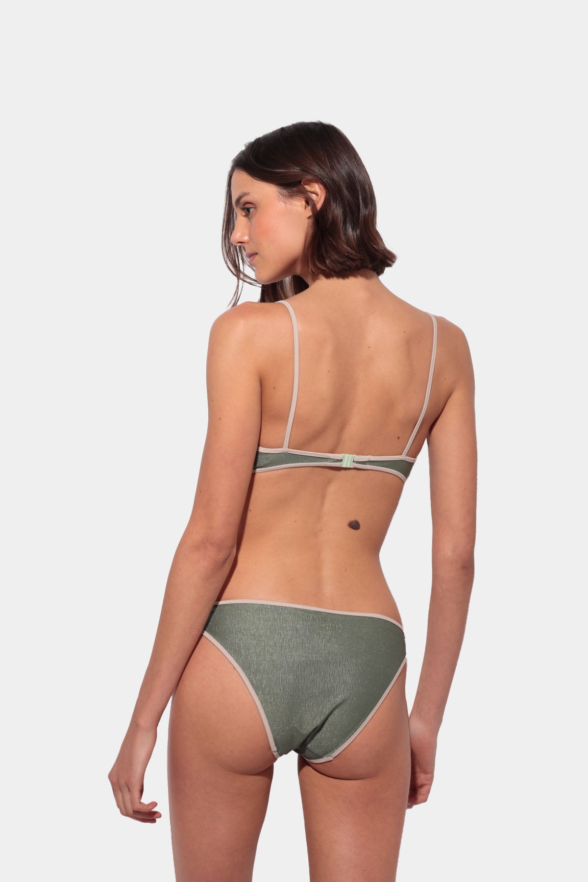 Underwire bikini in green lurex fabric with white trim